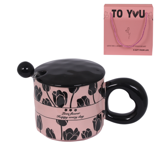 Elegant Floral Ceramic Coffee Mug with Lid & Spoon