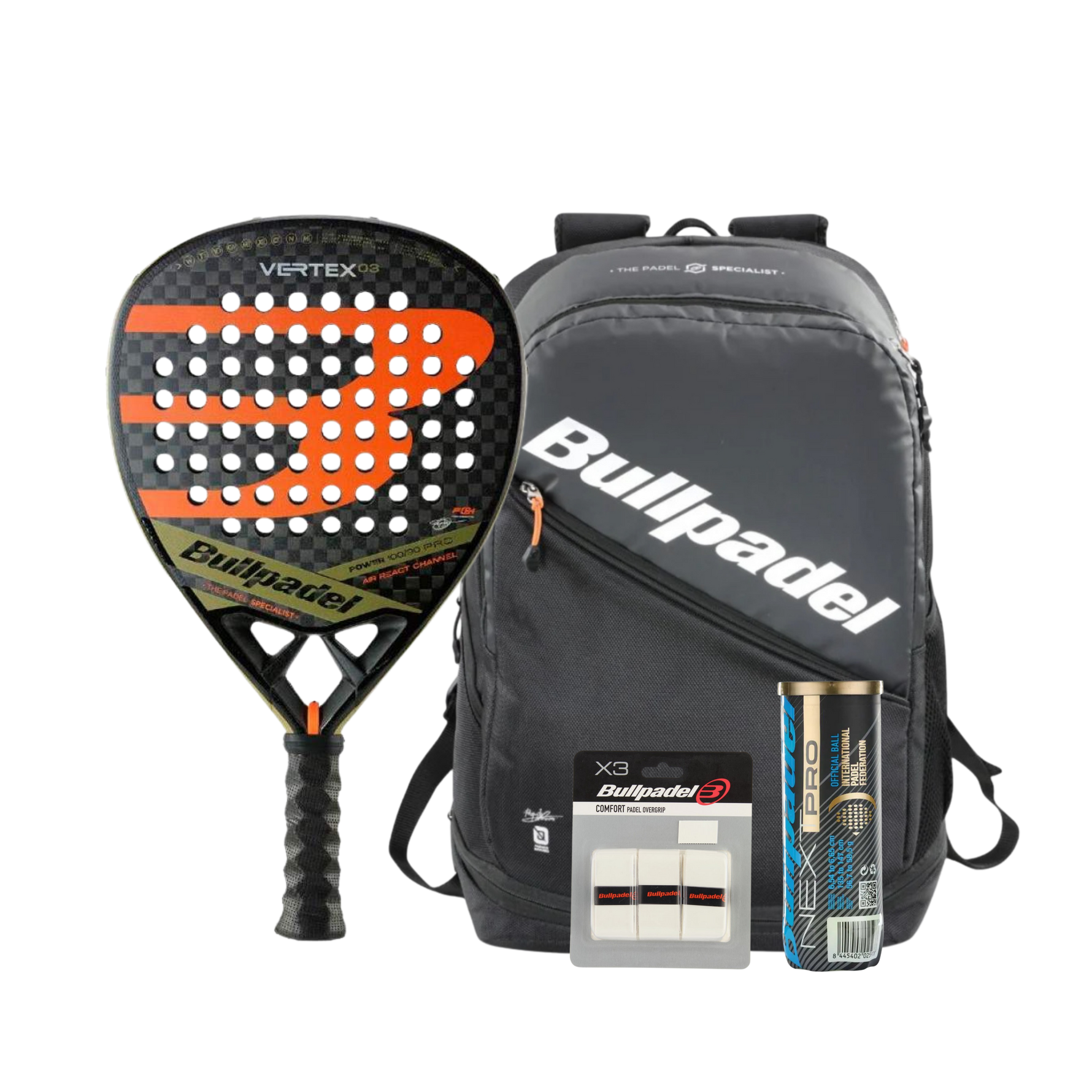 Bullpadel Vertex 03 Padel Bundle - Racket, Backpack, Balls and Overgrips - Onyx & Bloom