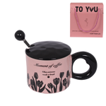 كوب قهوة سيراميك أنيق بالزهور مع غطاء وملعقة