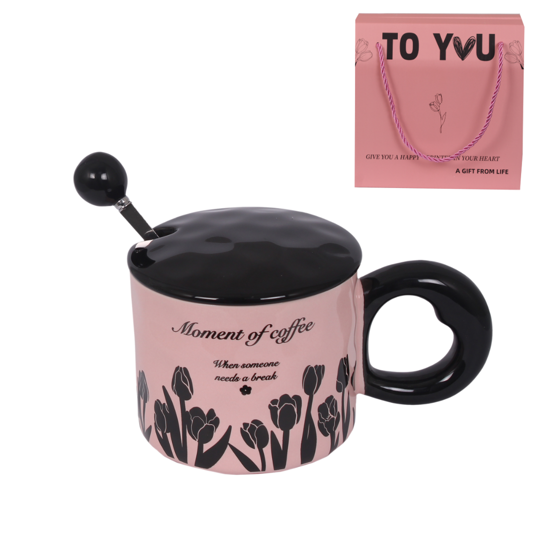 Elegant Floral Ceramic Coffee Mug with Lid & Spoon