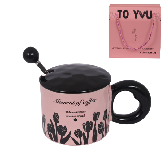 Elegant Floral Ceramic Coffee Mug with Lid & Spoon