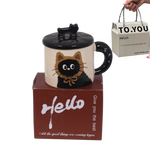 كوب سيراميك لطيف على شكل قطة مع غطاء وعلبة هدايا