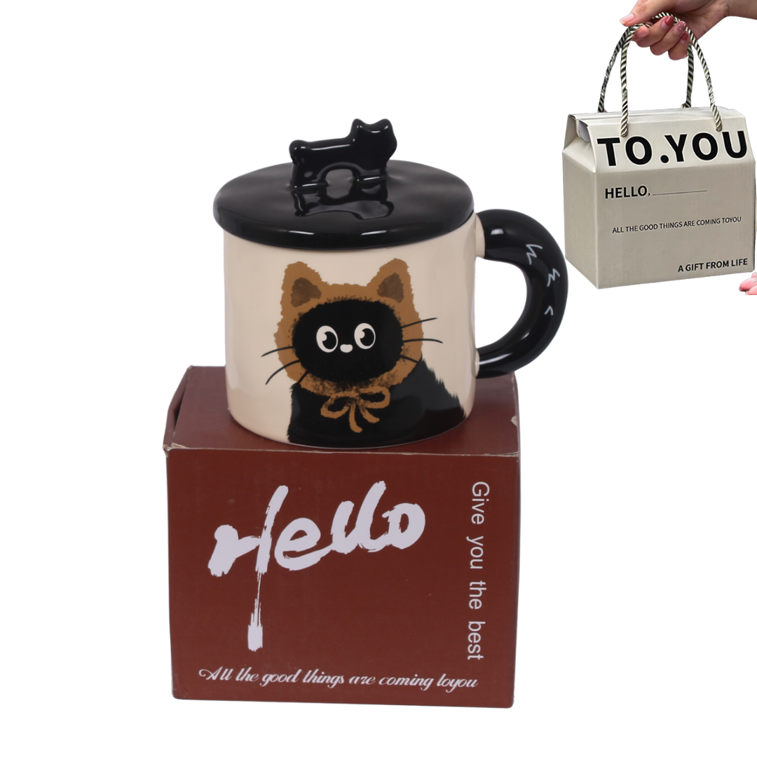 Cute Cat Ceramic Mug with Lid & Gift Box