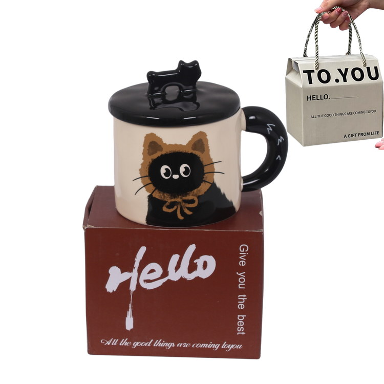 Cute Cat Ceramic Mug with Lid & Gift Box