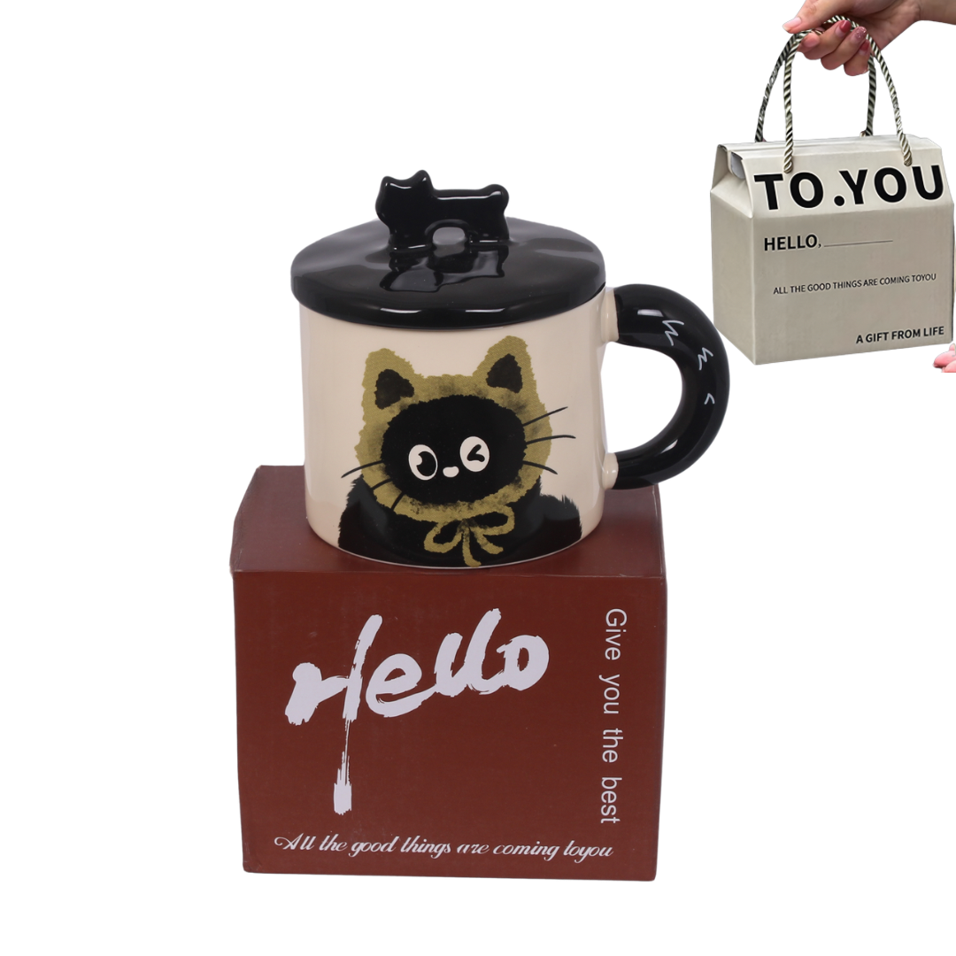 كوب سيراميك لطيف على شكل قطة مع غطاء وعلبة هدايا
